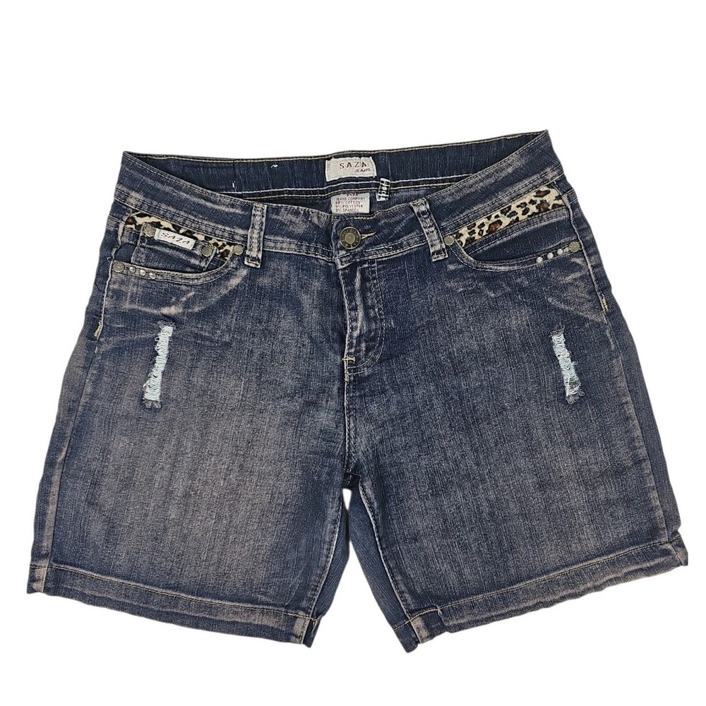 SAZA Jeans Denim Shorts Leopard Rhinestone Distressed Blue Women Size 13